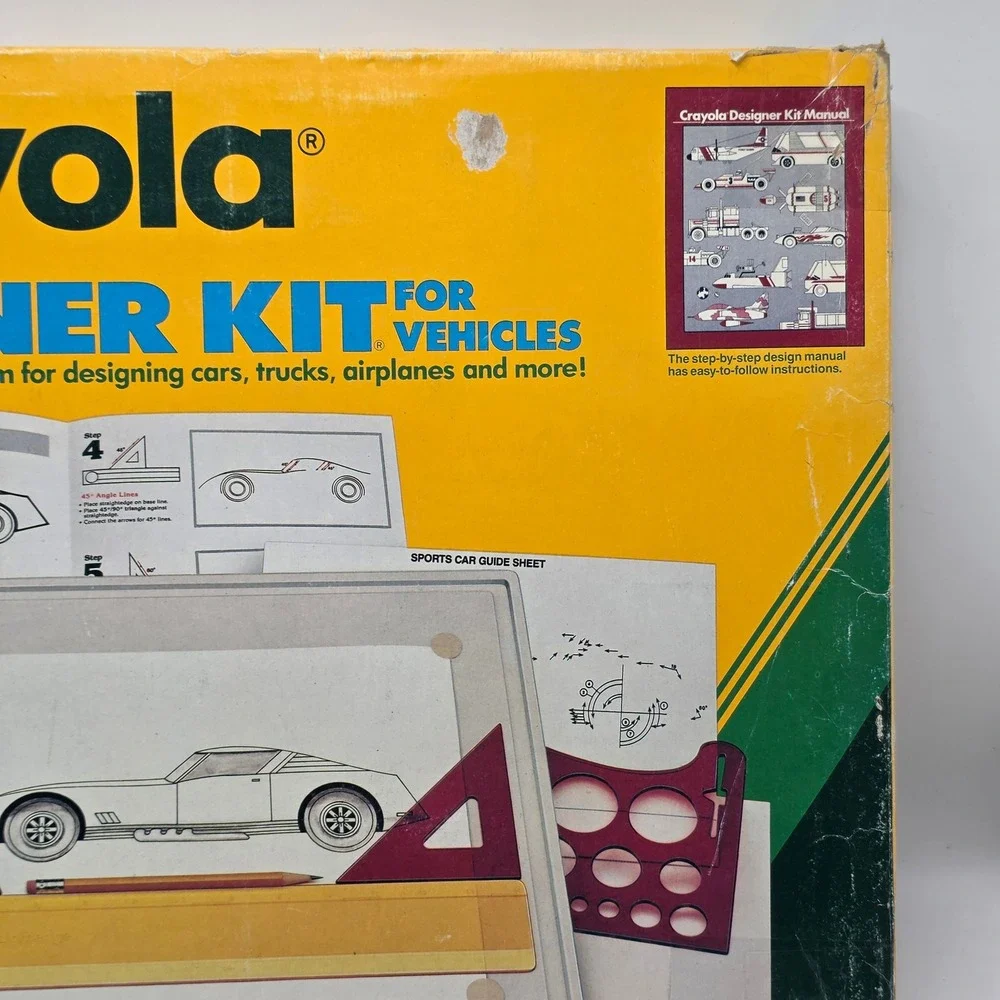Crayola Designer Kit Vehicles Kids Yellow Vintage 1989 Drafting‎ Set Retro Toy